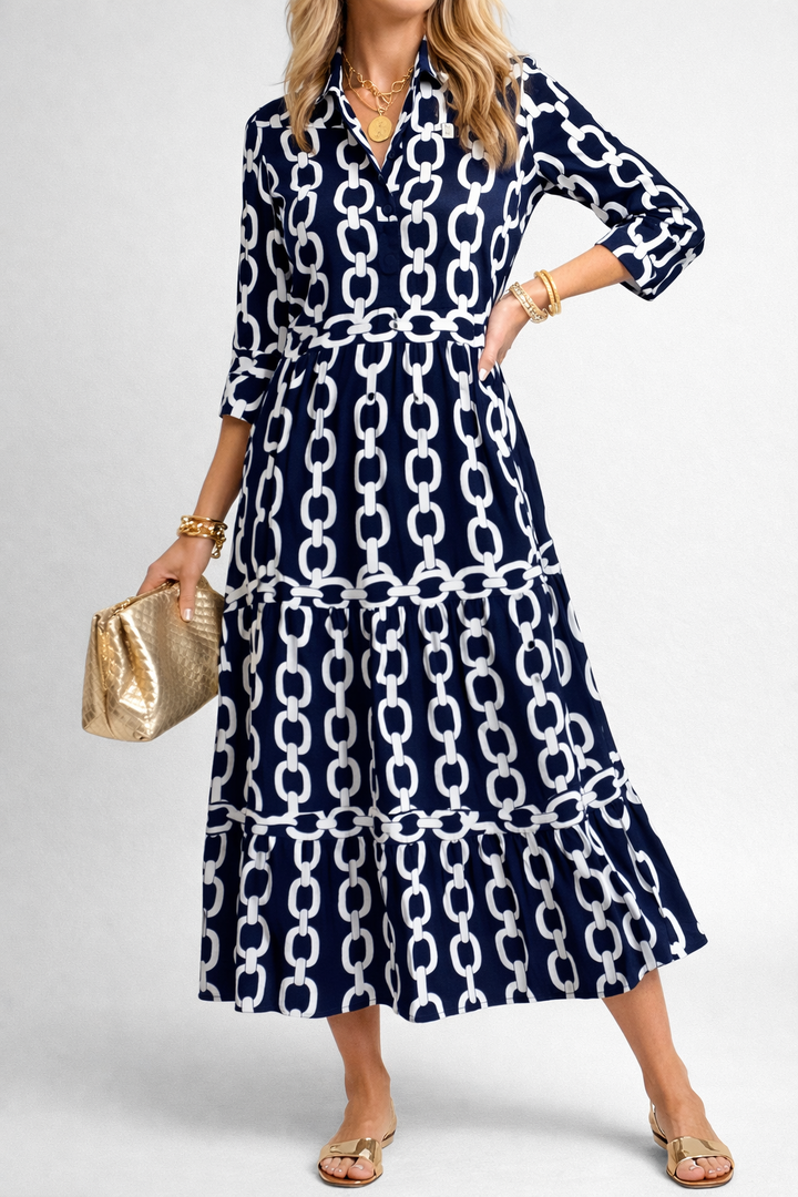 Printed Chain Pattern Midi Dress with Elegant Drape