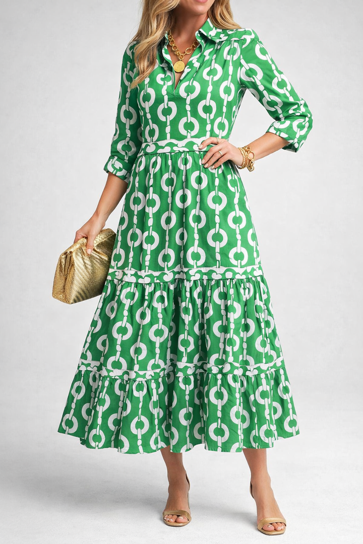 Printed Chain Pattern Midi Dress with Elegant Drape