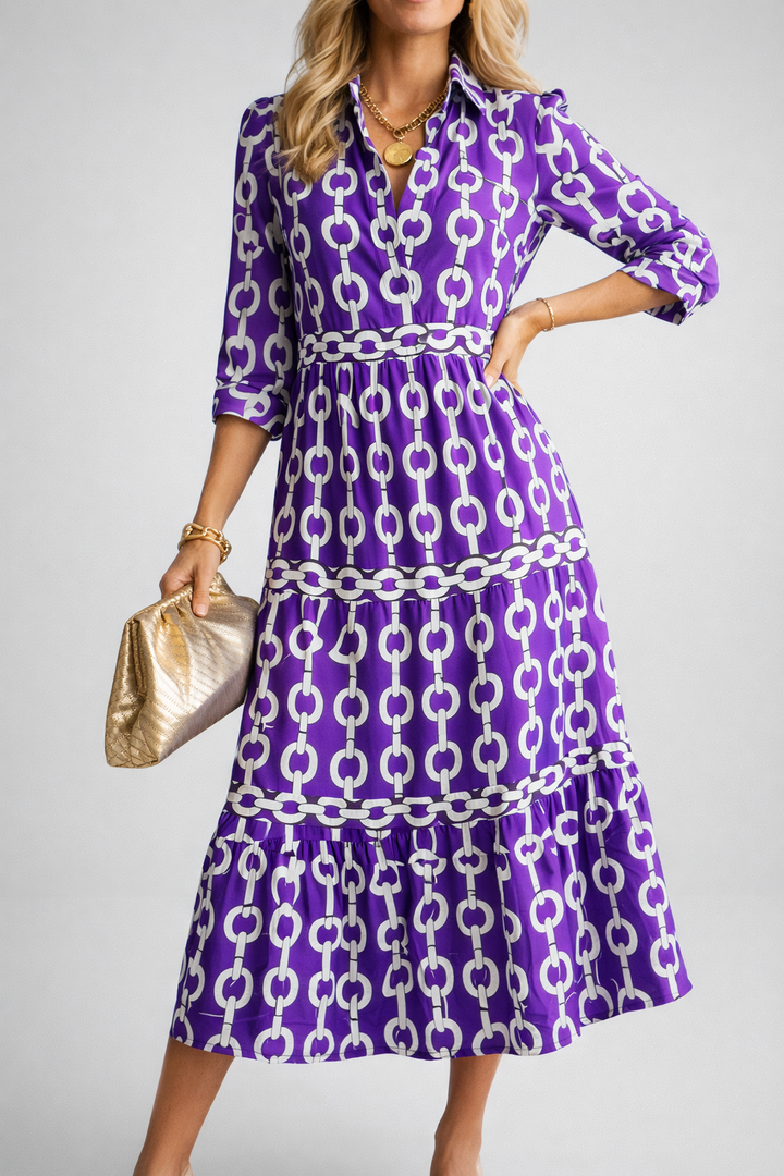 Printed Chain Pattern Midi Dress with Elegant Drape