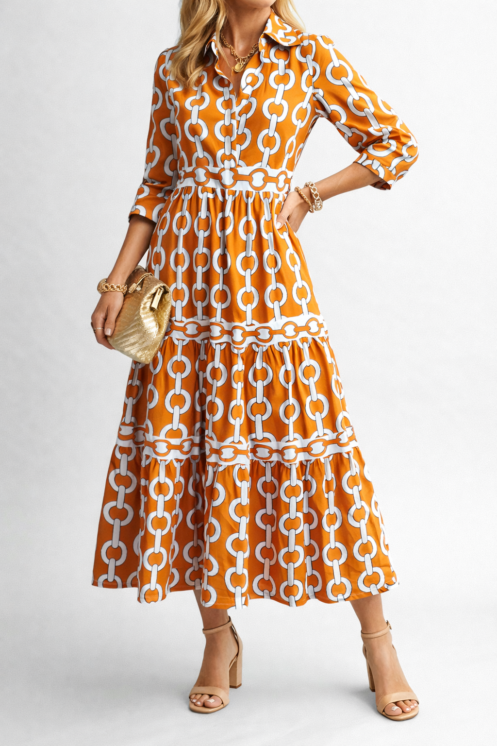 Printed Chain Pattern Midi Dress with Elegant Drape