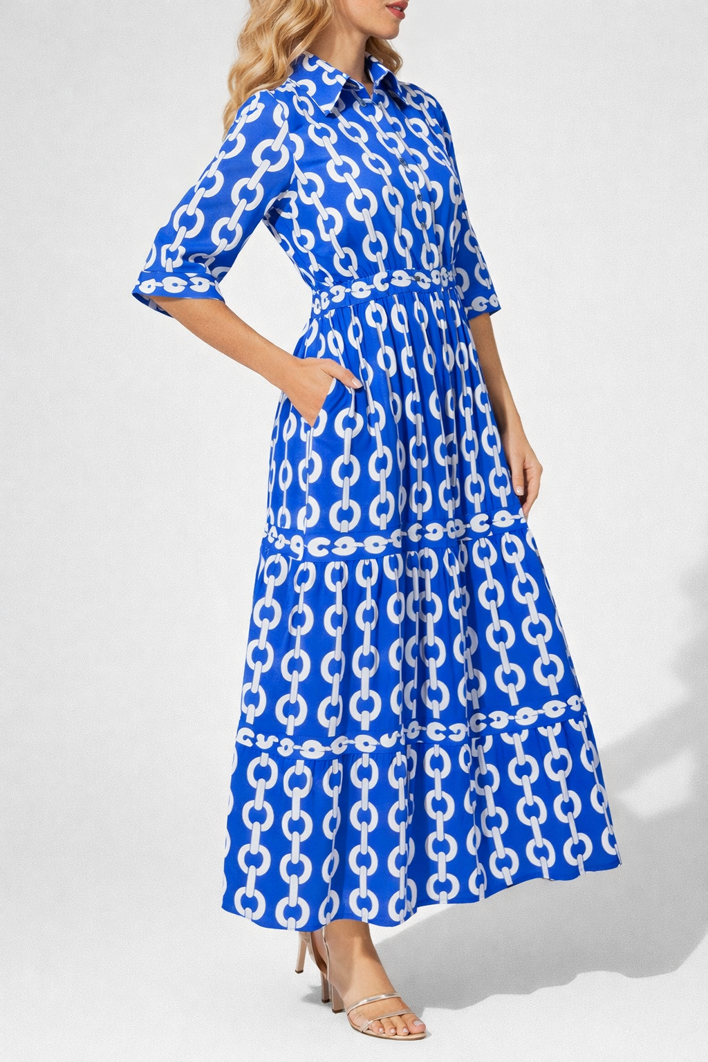 Printed Chain Pattern Midi Dress with Elegant Drape
