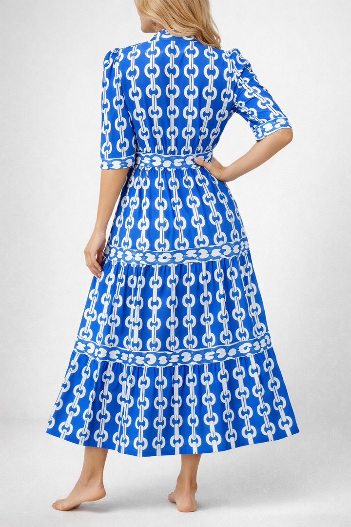 Printed Chain Pattern Midi Dress with Elegant Drape