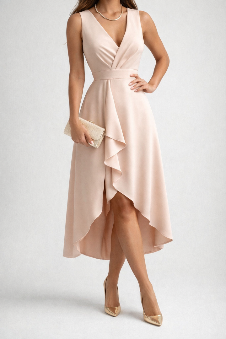 Sleeveless Deep V Neck Midi Dress Cascade Ruffle Skirt Evening Occasion