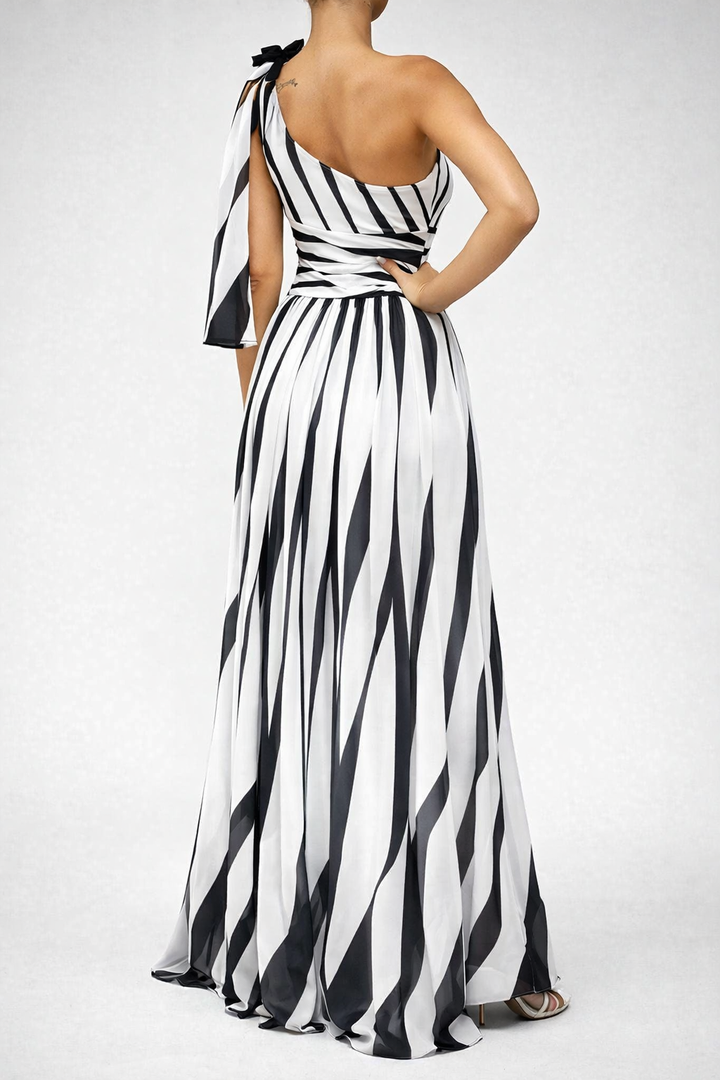 Elegant Striped One Shoulder Maxi Dress Flowing Fit