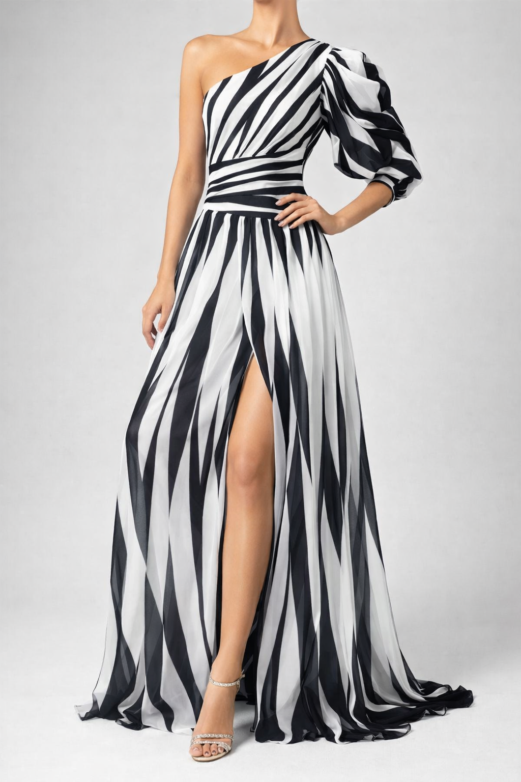 Elegant Striped One Shoulder Maxi Dress Flowing Fit