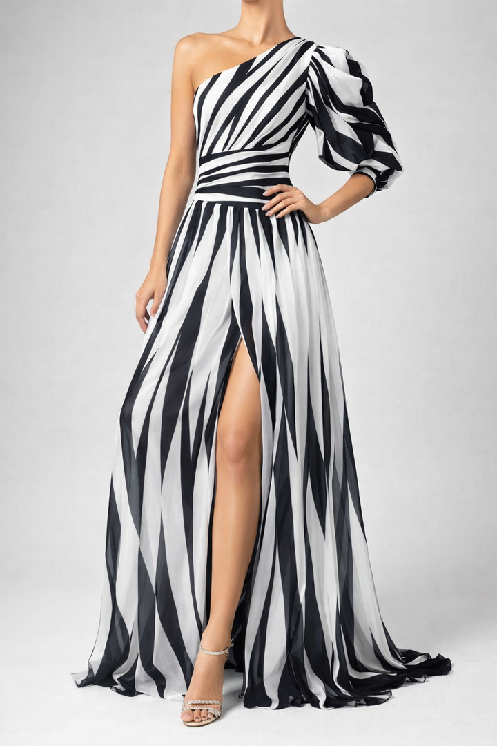 Elegant Striped One Shoulder Maxi Dress Flowing Fit