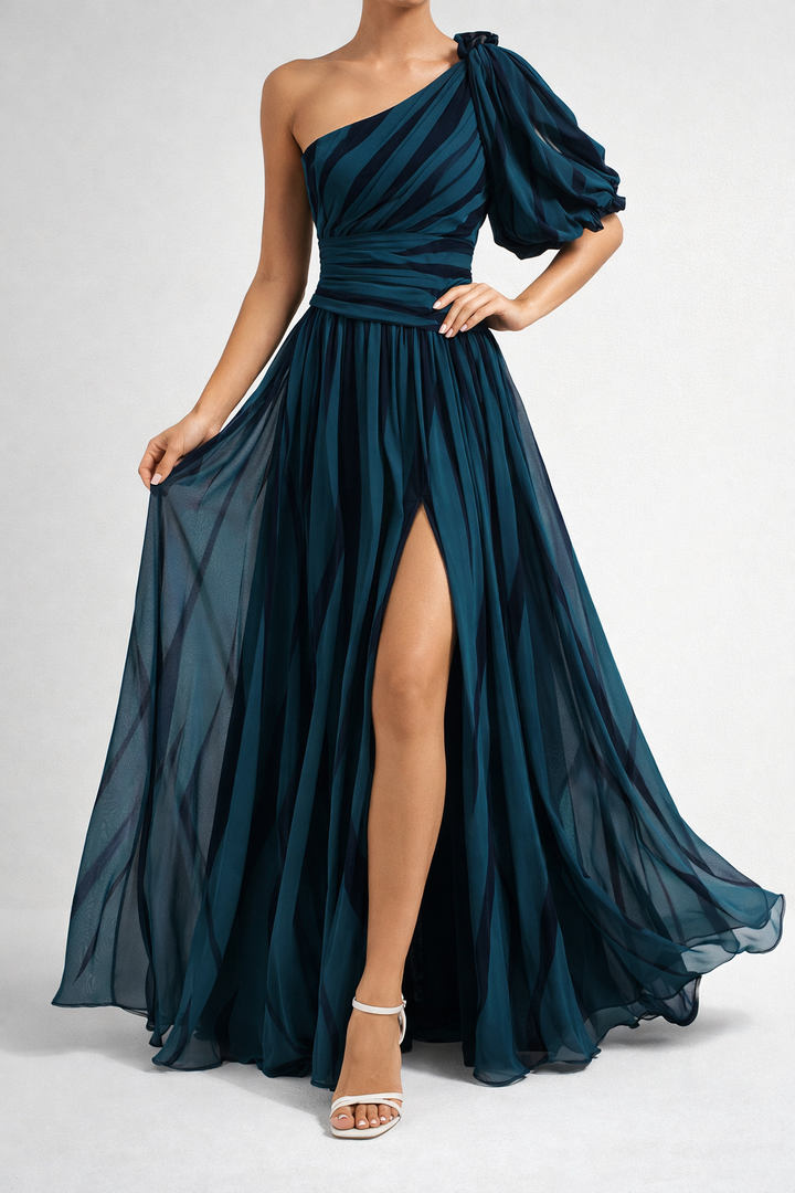Elegant Striped One Shoulder Maxi Dress Flowing Fit
