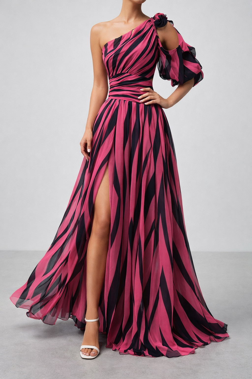 Elegant Striped One Shoulder Maxi Dress Flowing Fit