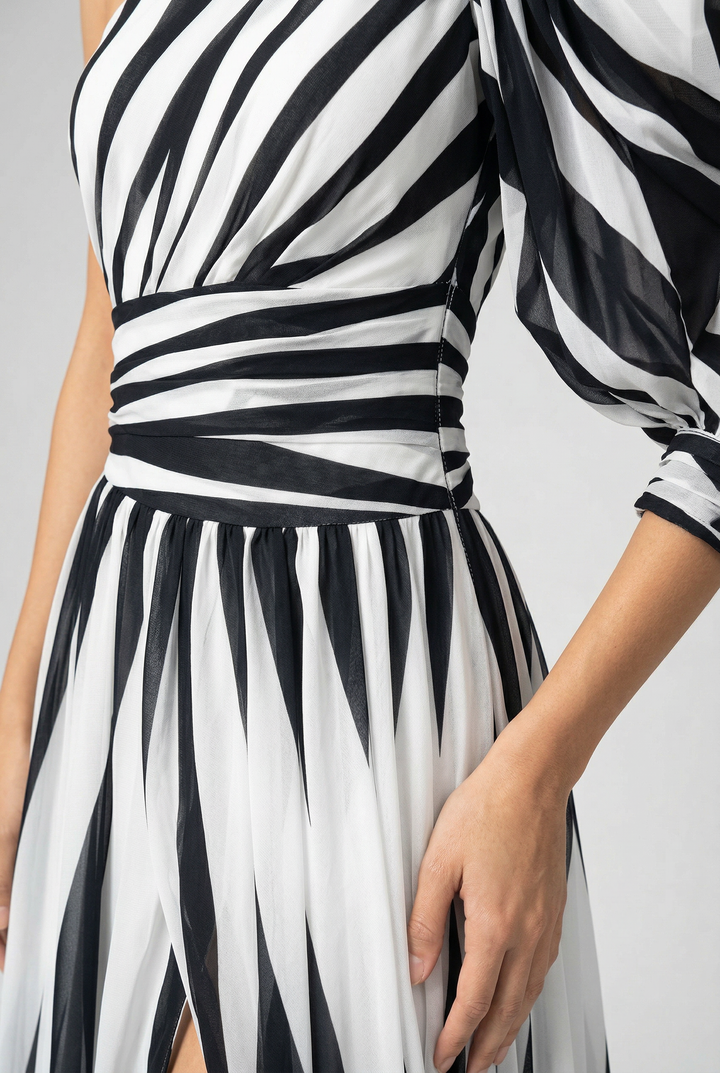 Elegant Striped One Shoulder Maxi Dress Flowing Fit