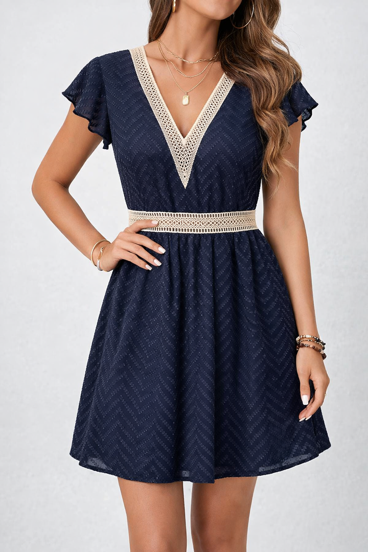 Flutter Sleeve Deep V Neck Mini Dress Chevron Texture Crochet Trim Summer Boho