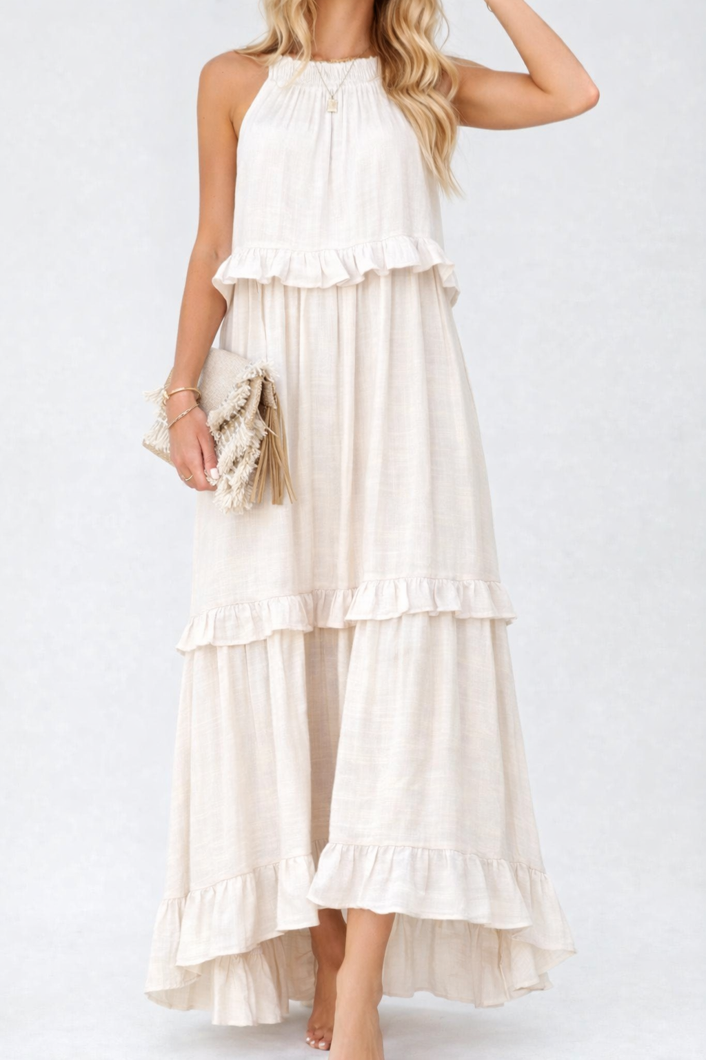 Elegant Sleeveless Ruffle Maxi Dress with Flattering Drape