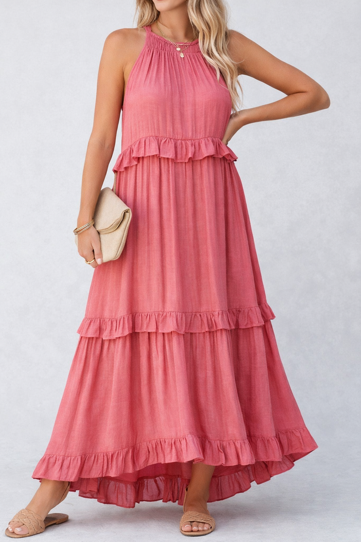 Elegant Sleeveless Ruffle Maxi Dress with Flattering Drape