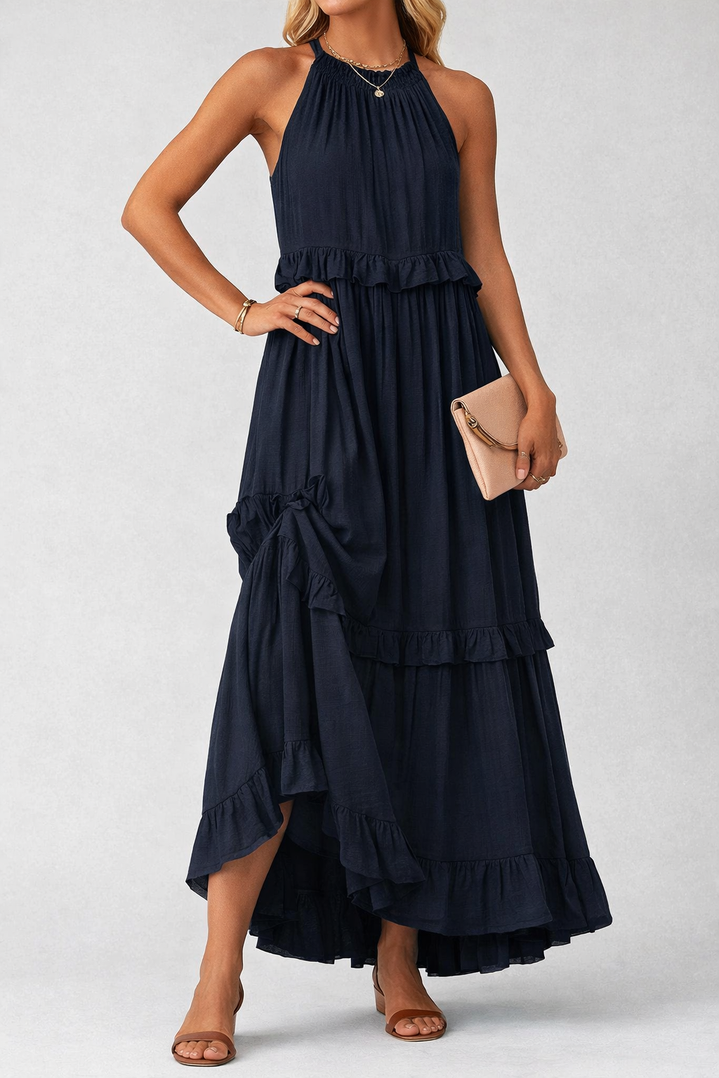Elegant Sleeveless Ruffle Maxi Dress with Flattering Drape