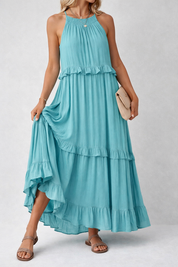 Elegant Sleeveless Ruffle Maxi Dress with Flattering Drape