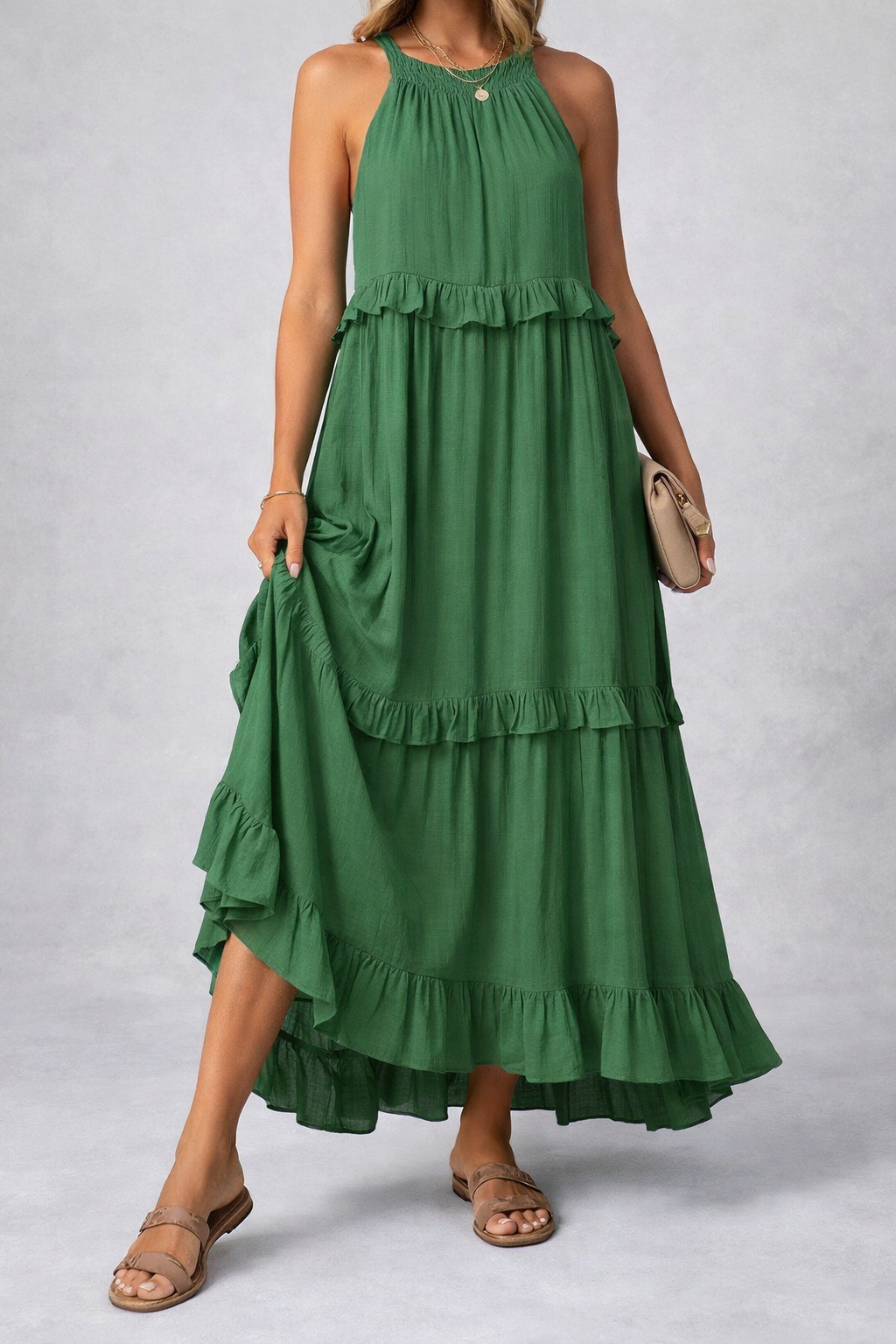 Elegant Sleeveless Ruffle Maxi Dress with Flattering Drape