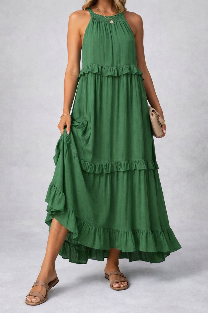 Elegant Sleeveless Ruffle Maxi Dress with Flattering Drape