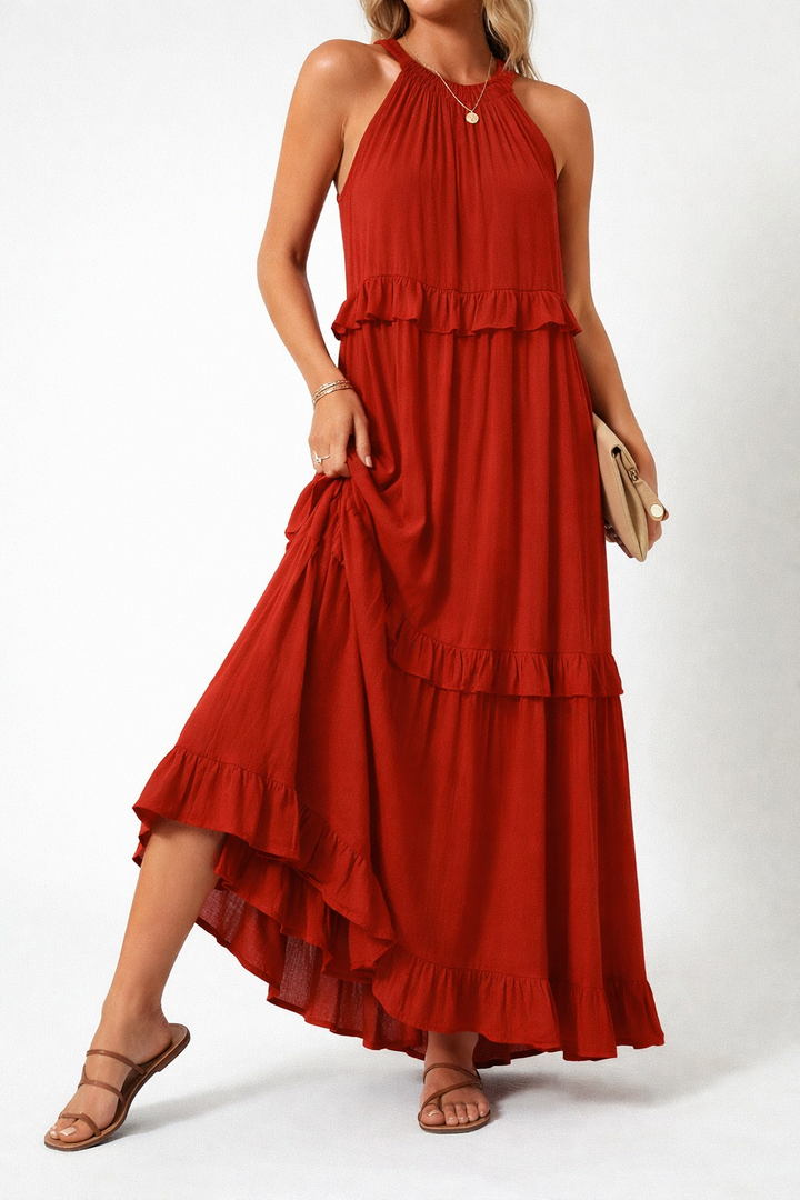 Elegant Sleeveless Ruffle Maxi Dress with Flattering Drape