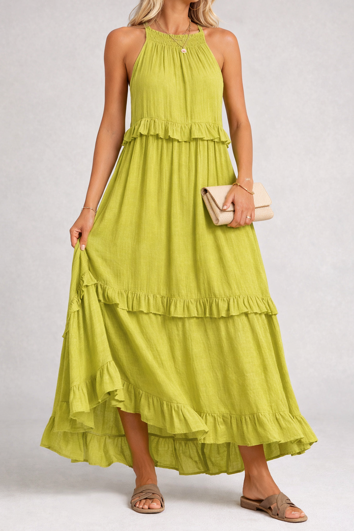 Elegant Sleeveless Ruffle Maxi Dress with Flattering Drape