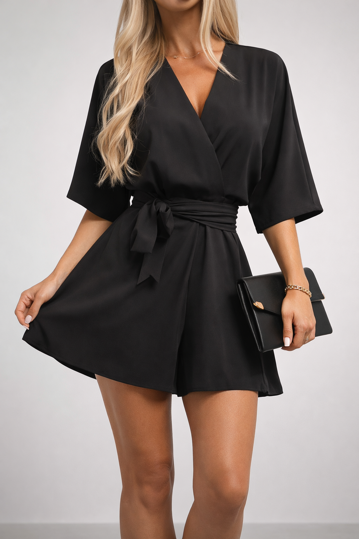 Batwing Sleeve Deep V Neck Mini Dress Wrap Tie Waist Spring Summer