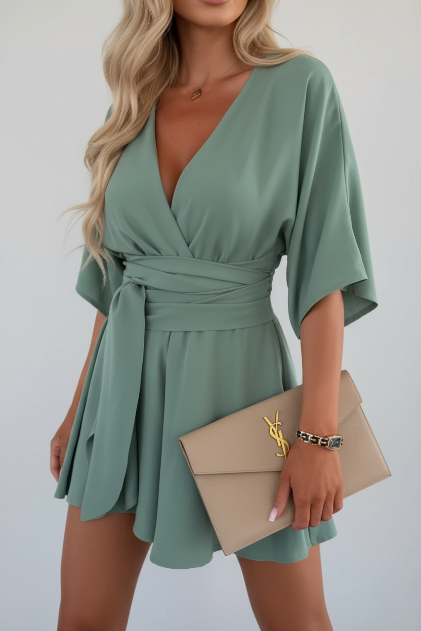 Batwing Sleeve Deep V Neck Mini Dress Wrap Tie Waist Spring Summer