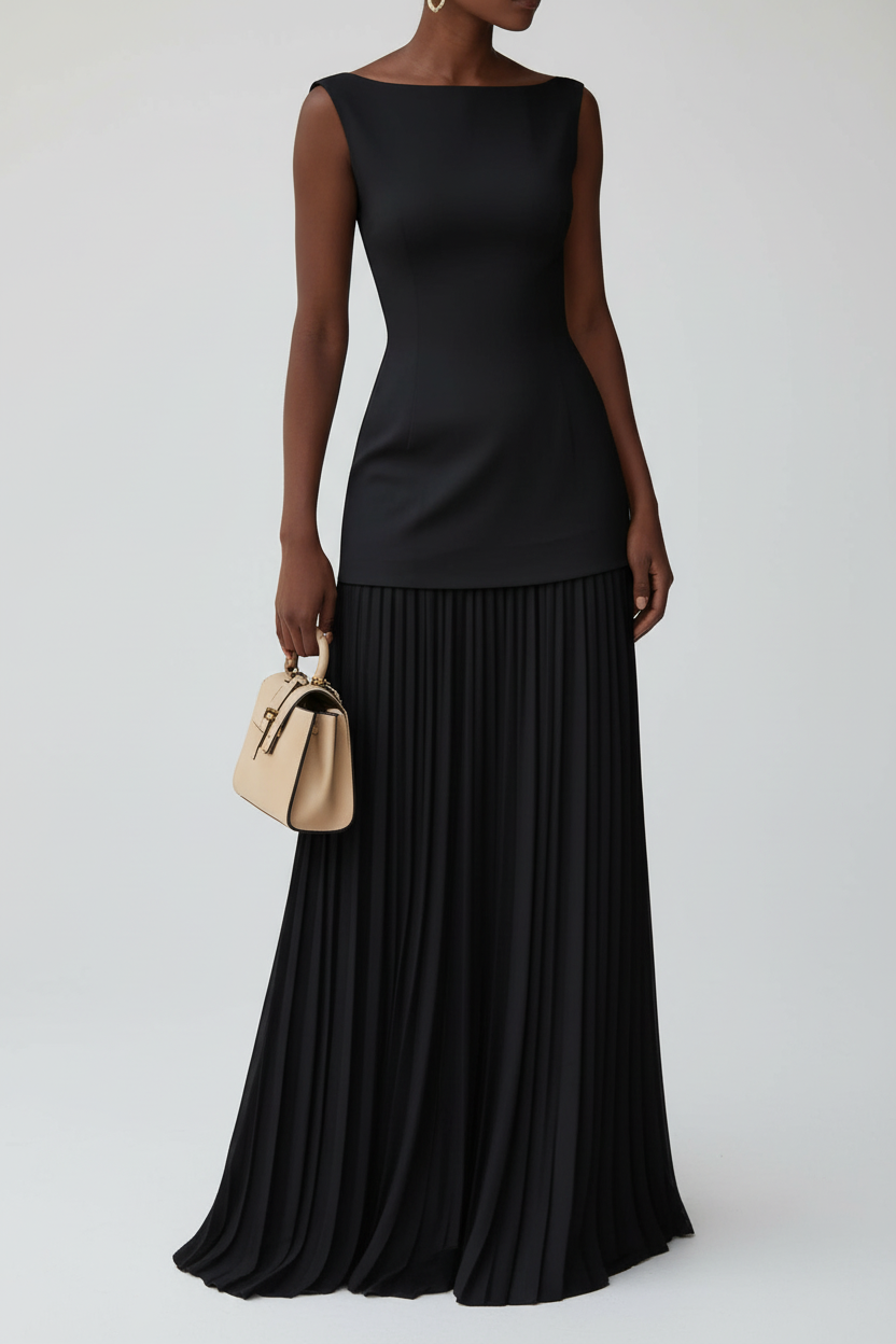 Sleeveless Pleated Maxi Dress with Flowing Skirt