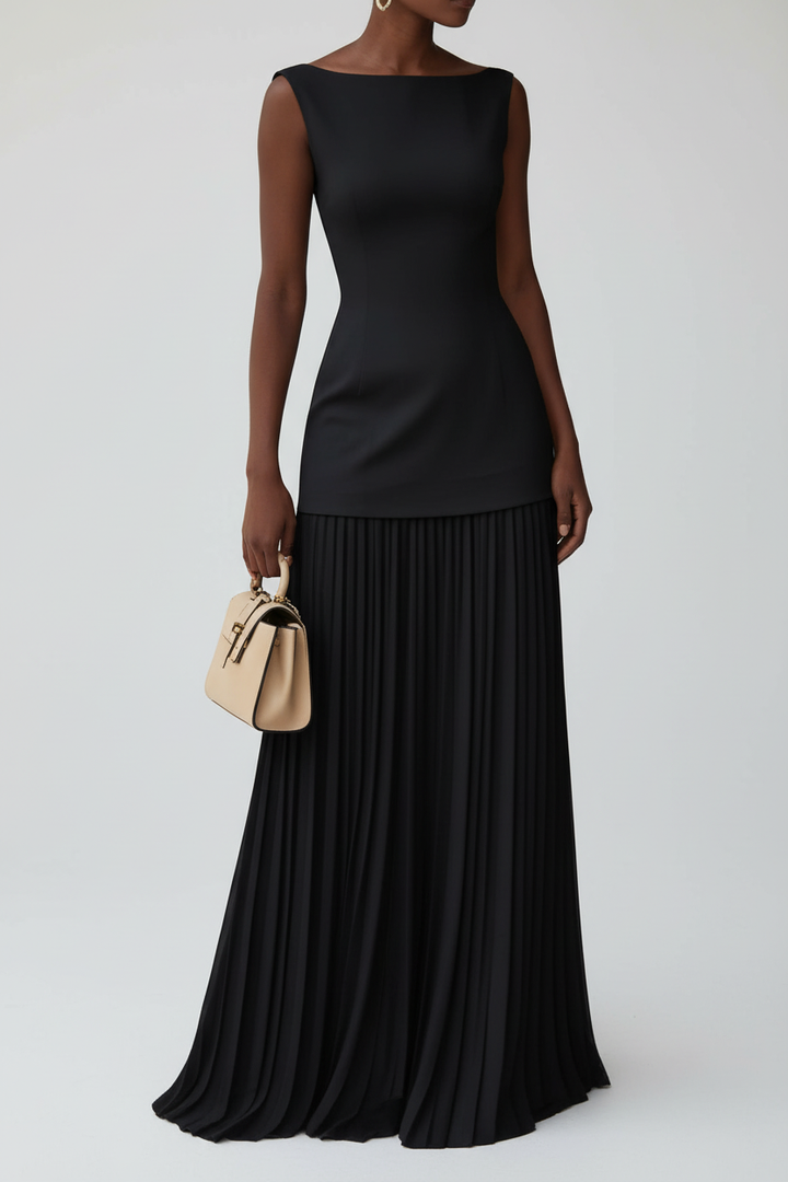Sleeveless Pleated Maxi Dress with Flowing Skirt