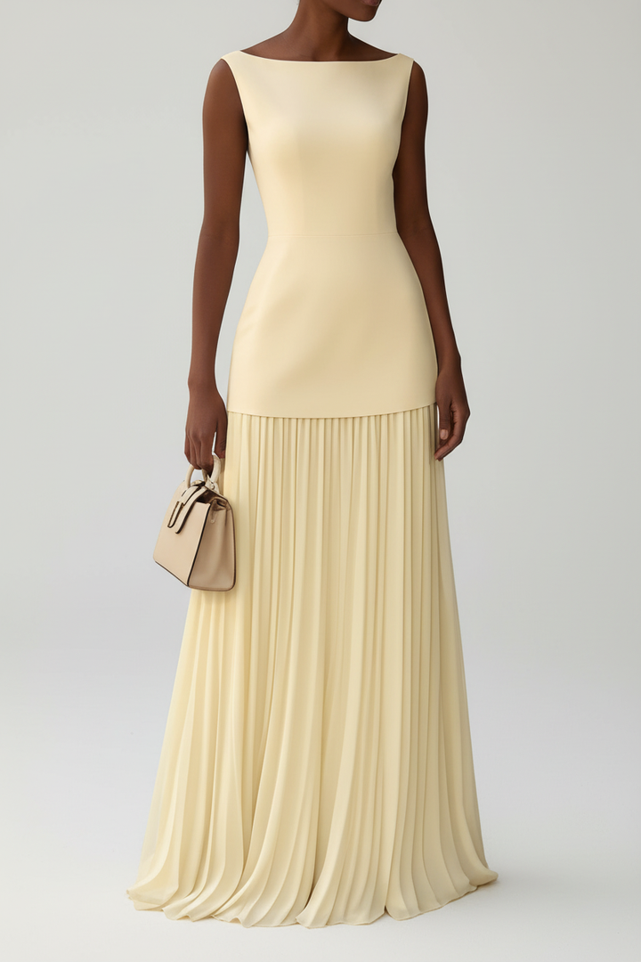 Sleeveless Pleated Maxi Dress with Flowing Skirt