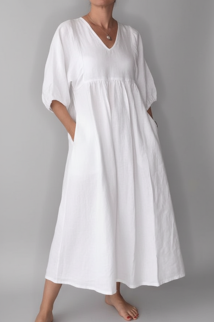 Loose Fit V Neck Midi Dress Puff Sleeve Empire Waist Pockets