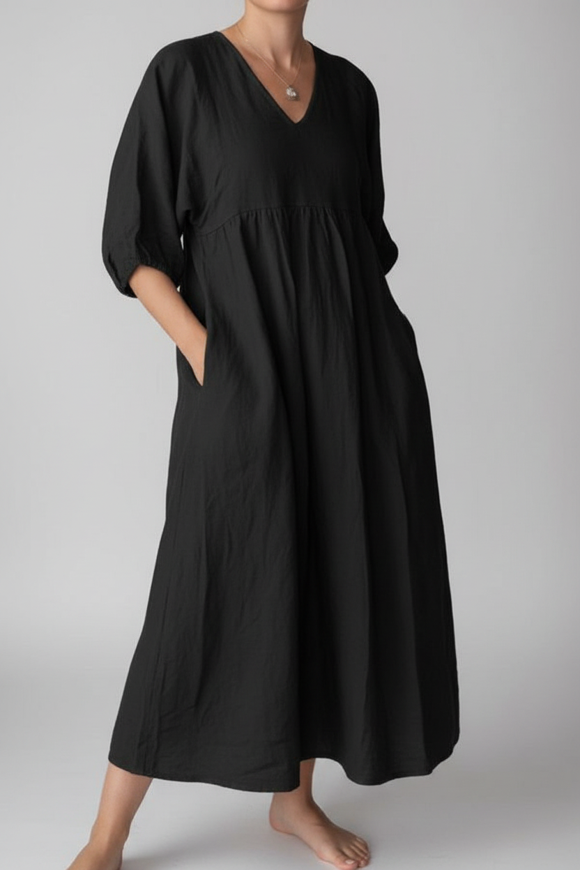 Loose Fit V Neck Midi Dress Puff Sleeve Empire Waist Pockets