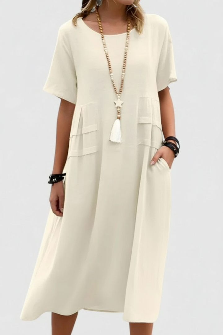 Relaxed Midi Dress with Tie Neckline and Side Pockets Summer