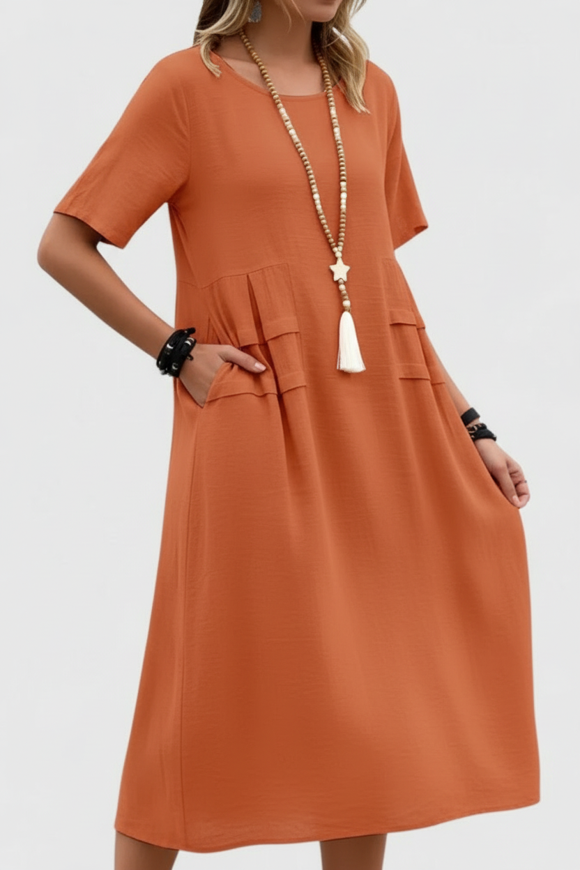 Relaxed Midi Dress with Tie Neckline and Side Pockets Summer
