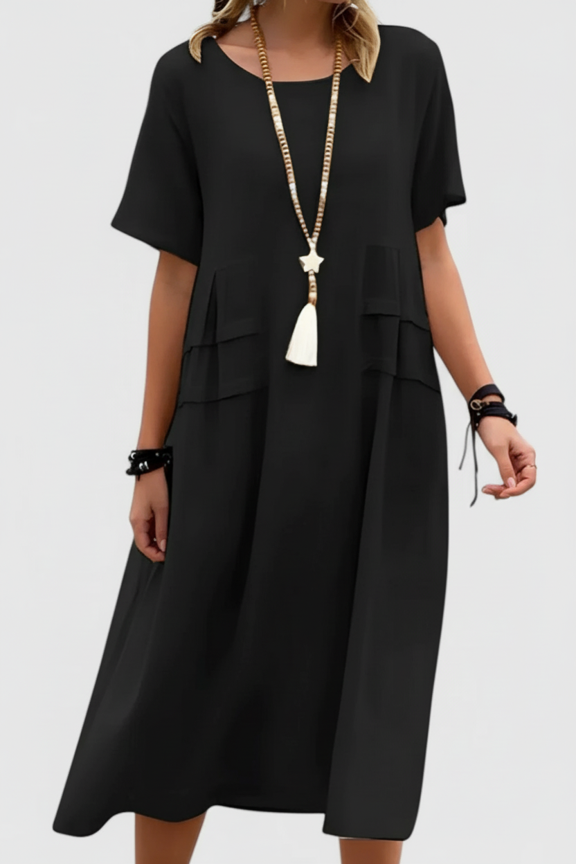 Relaxed Midi Dress with Tie Neckline and Side Pockets Summer
