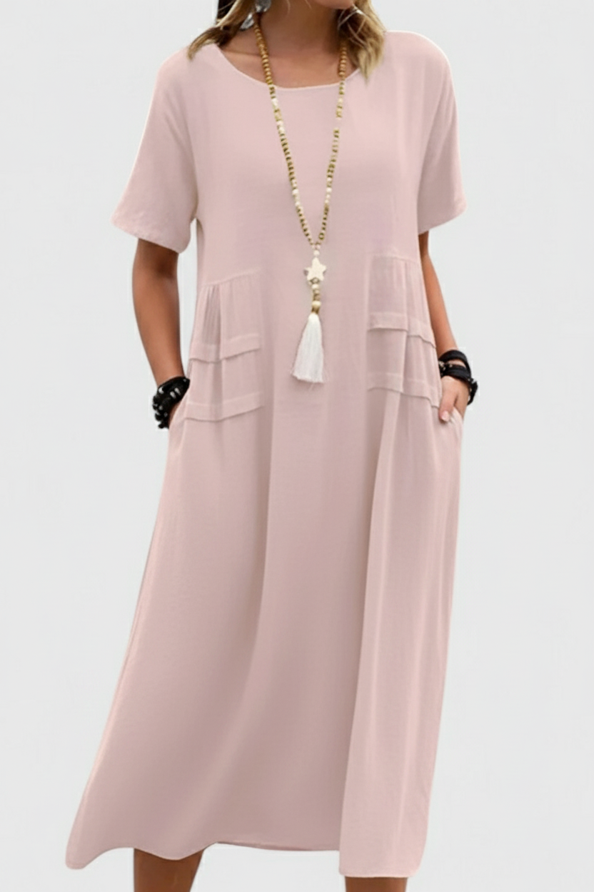 Relaxed Midi Dress with Tie Neckline and Side Pockets Summer