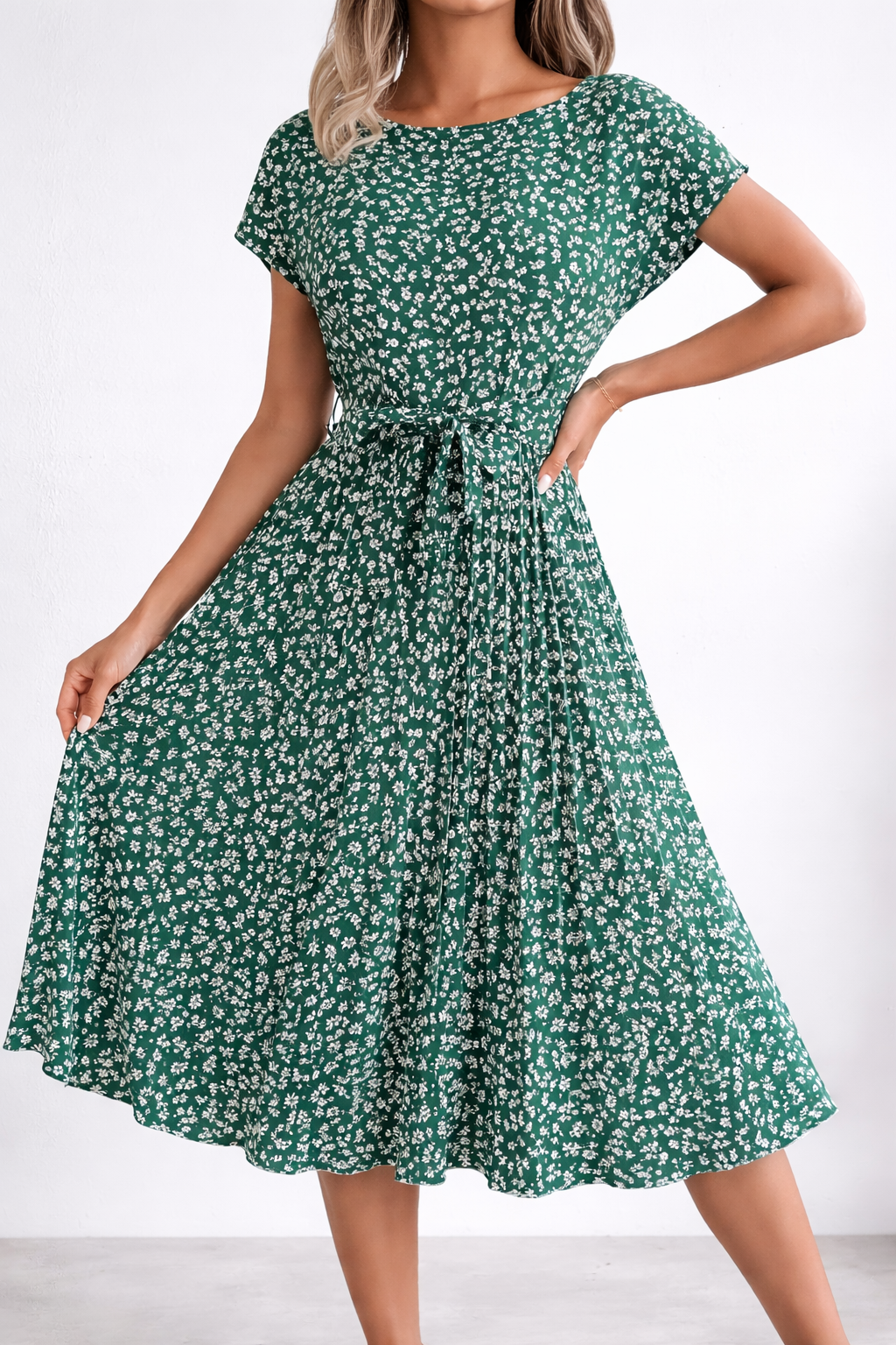 Flower Print Pleated Midi Dress with Elegant Drape