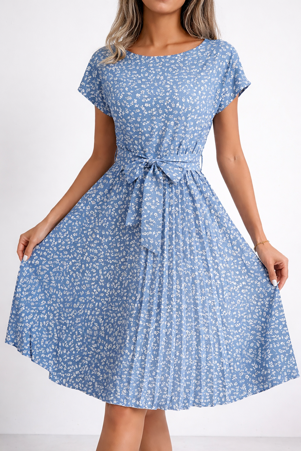 Flower Print Pleated Midi Dress with Elegant Drape
