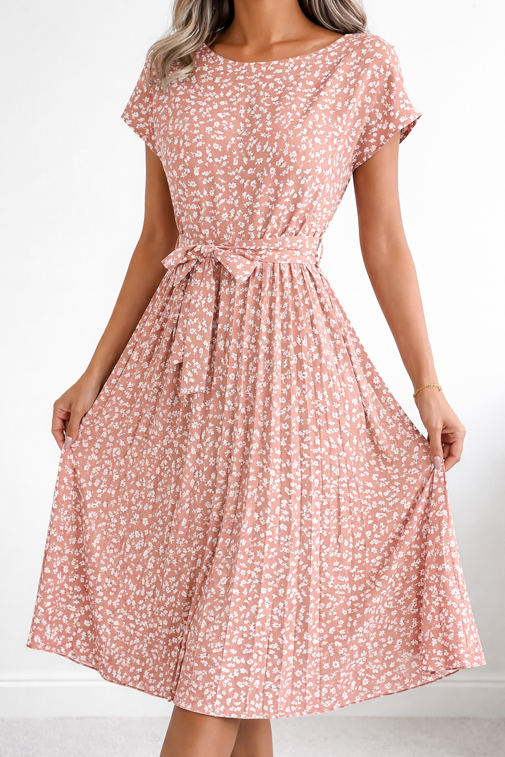 Flower Print Pleated Midi Dress with Elegant Drape