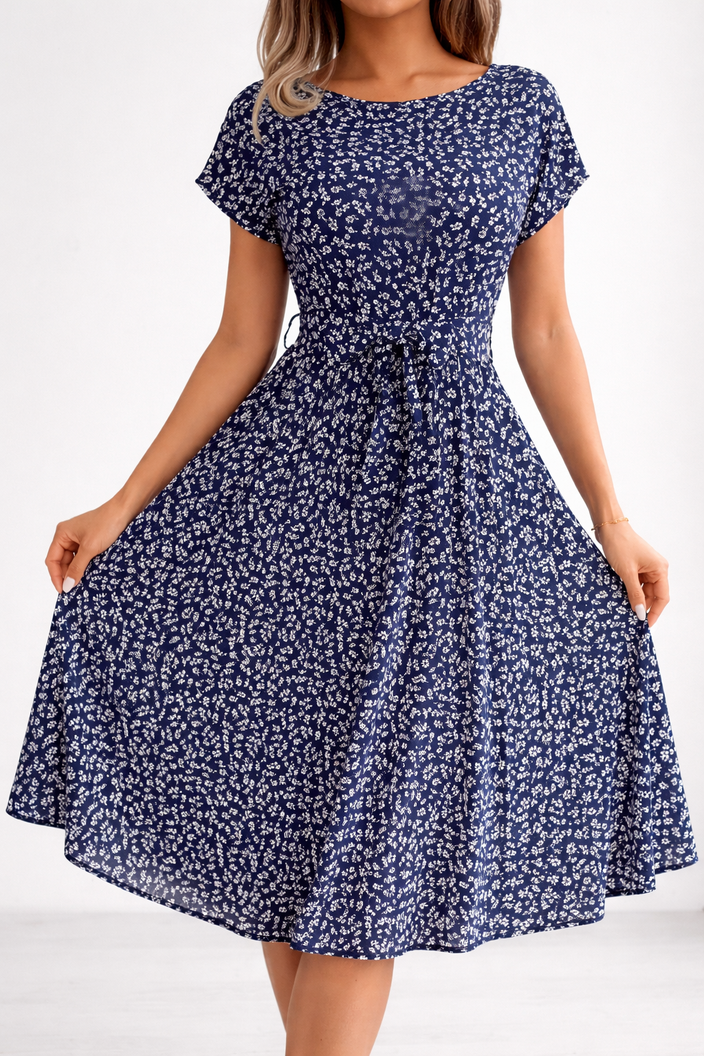 Flower Print Pleated Midi Dress with Elegant Drape