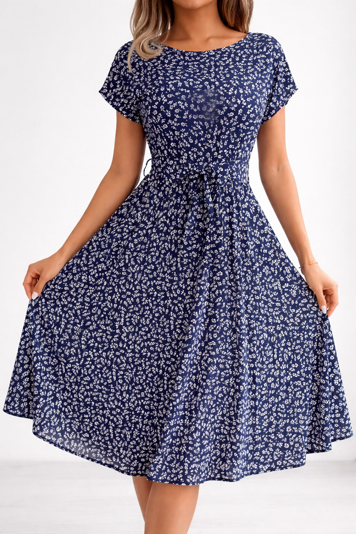 Flower Print Pleated Midi Dress with Elegant Drape