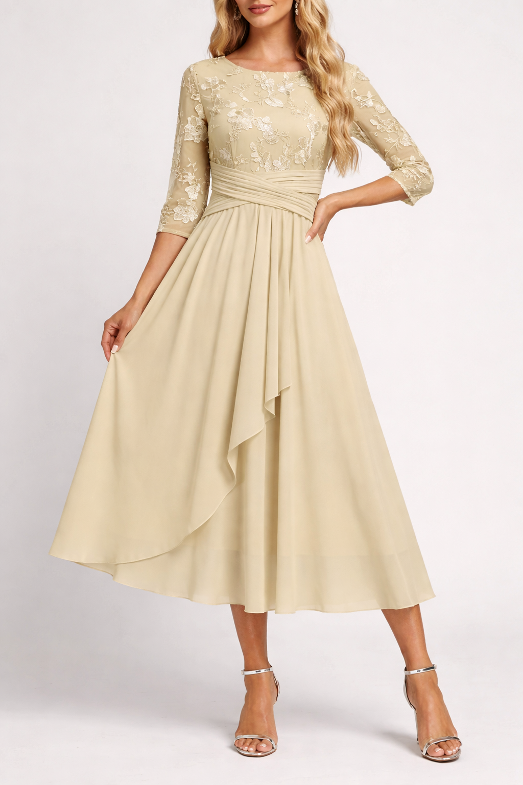 Champagne Floral Round Neck Midi Dress with Three Quarter Sleeves