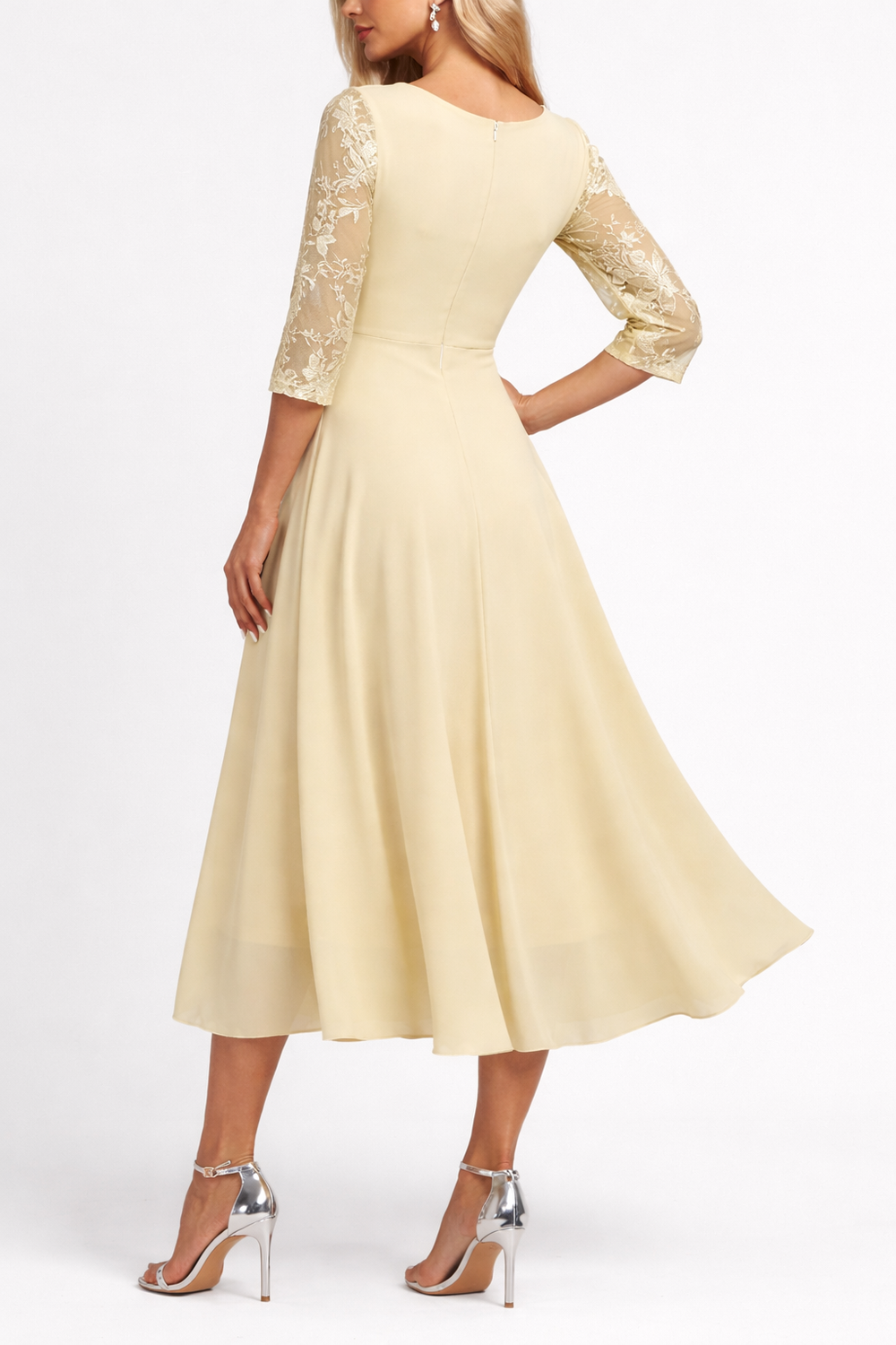 Champagne Floral Round Neck Midi Dress with Three Quarter Sleeves