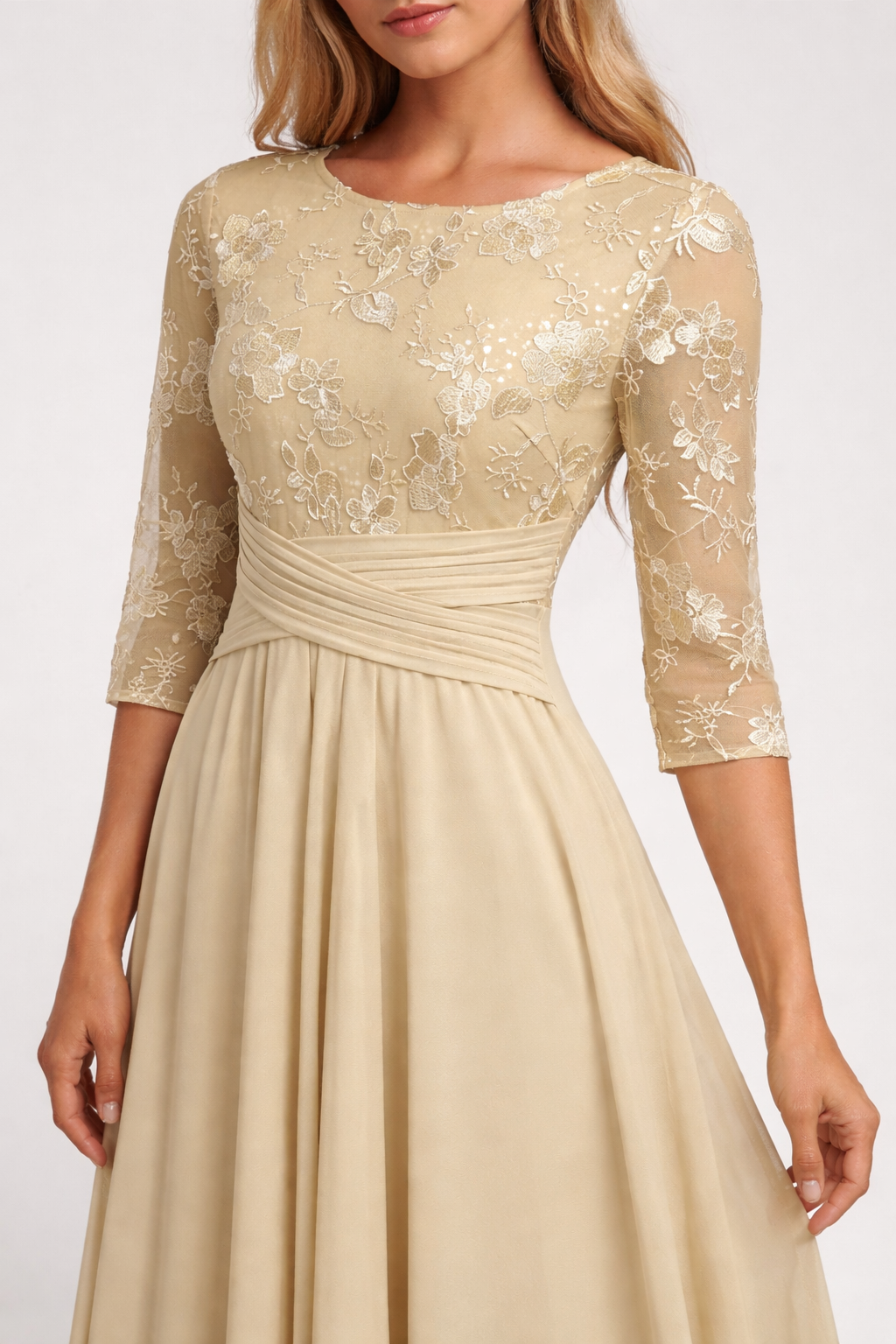 Champagne Floral Round Neck Midi Dress with Three Quarter Sleeves