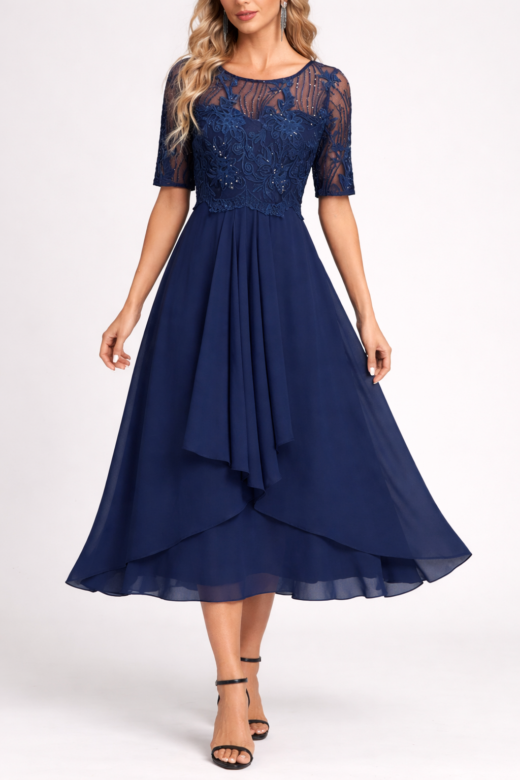 Navy Lace Short Sleeve Round Neck Midi Dress