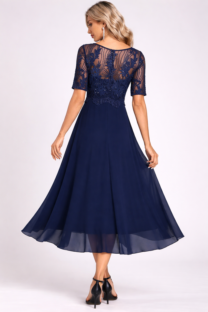 Navy Lace Short Sleeve Round Neck Midi Dress