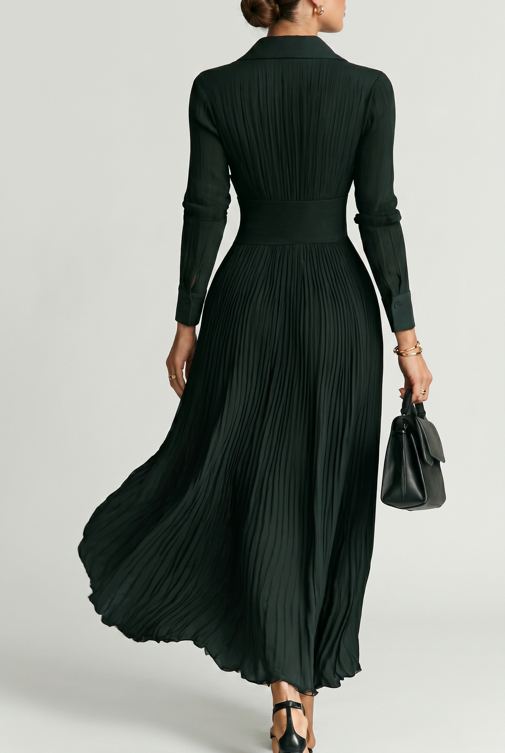 Elegant Pleated Lapel Waist Maxi Dress with Belt