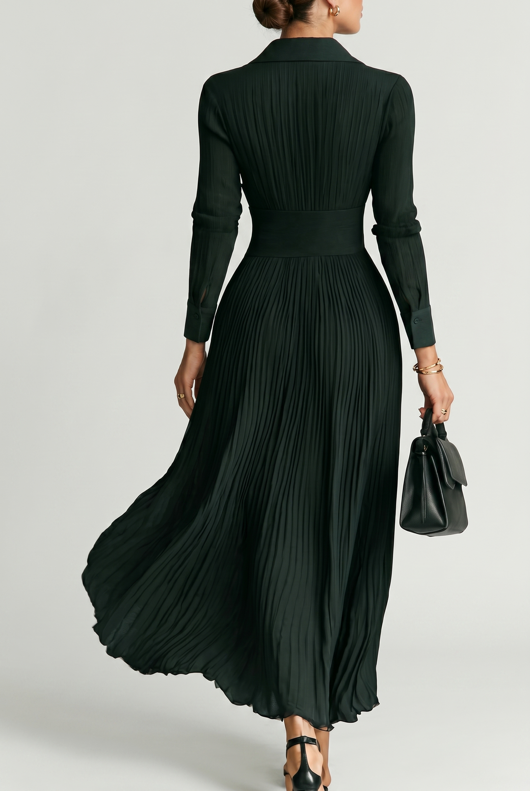 Elegant Pleated Lapel Waist Maxi Dress with Belt