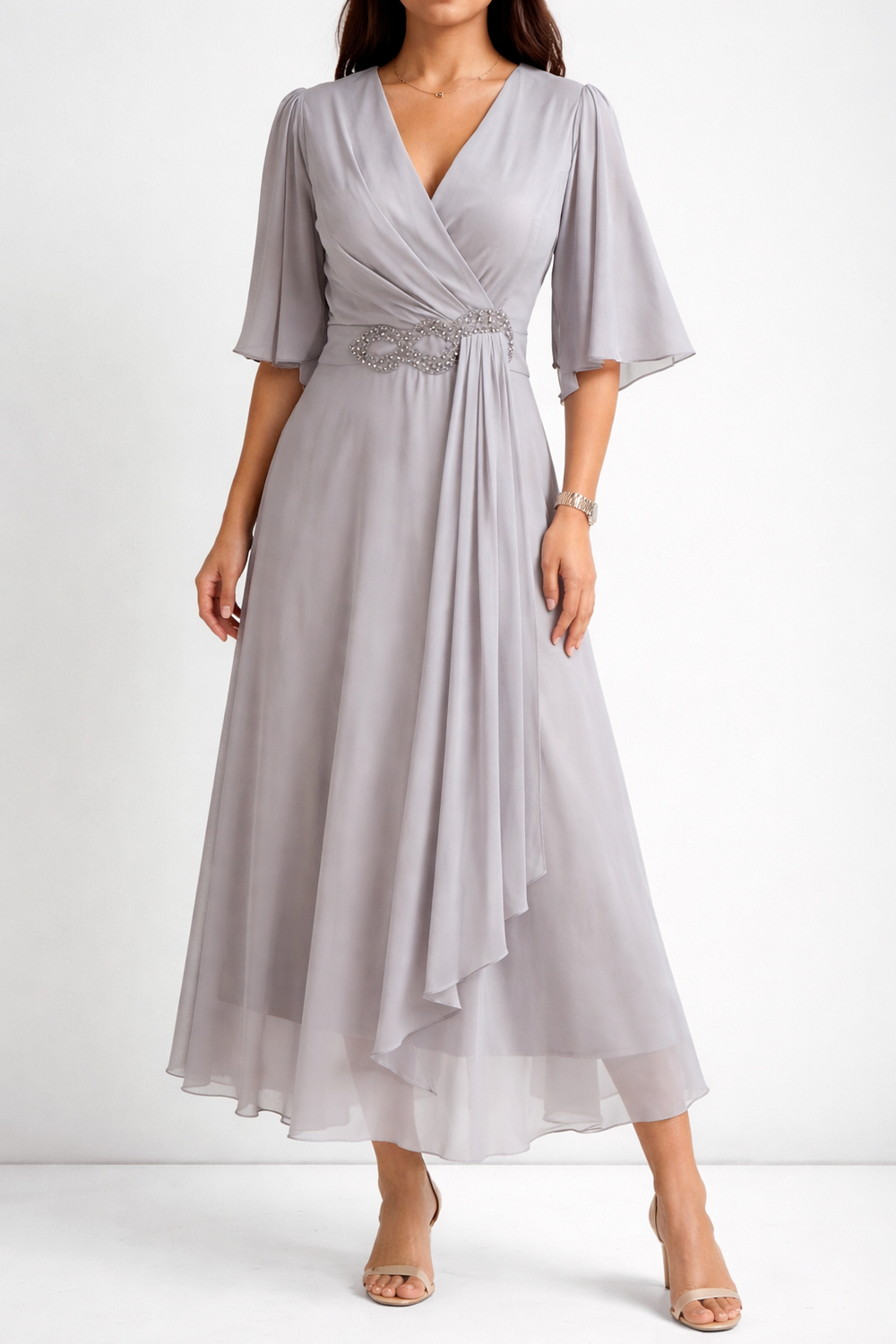 Elegant V Neck Maxi Dress with Flowing A Line Skirt