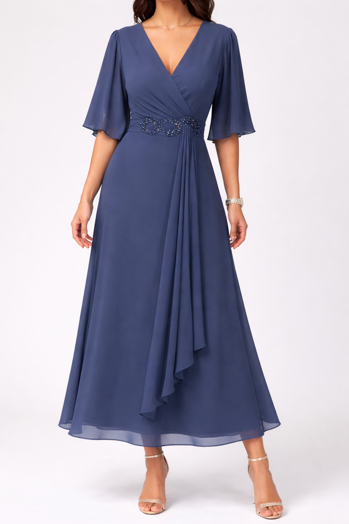 Elegant V Neck Maxi Dress with Flowing A Line Skirt