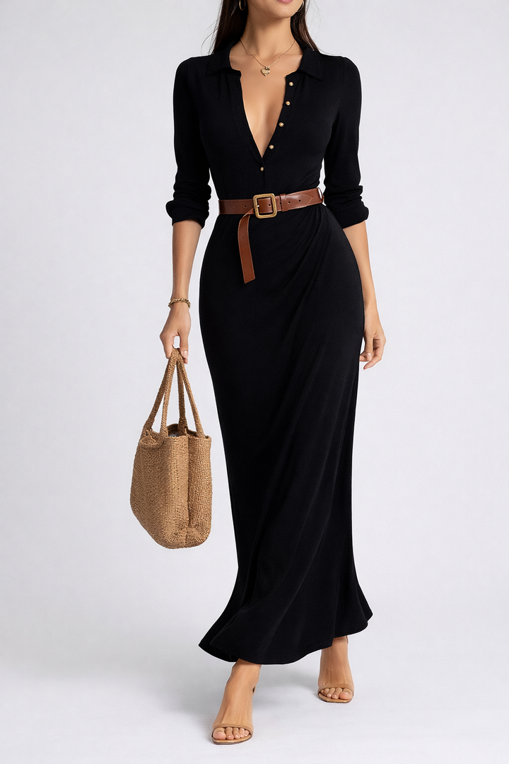 Lapel Long Sleeve Belted Maxi Dress Tailored Fit