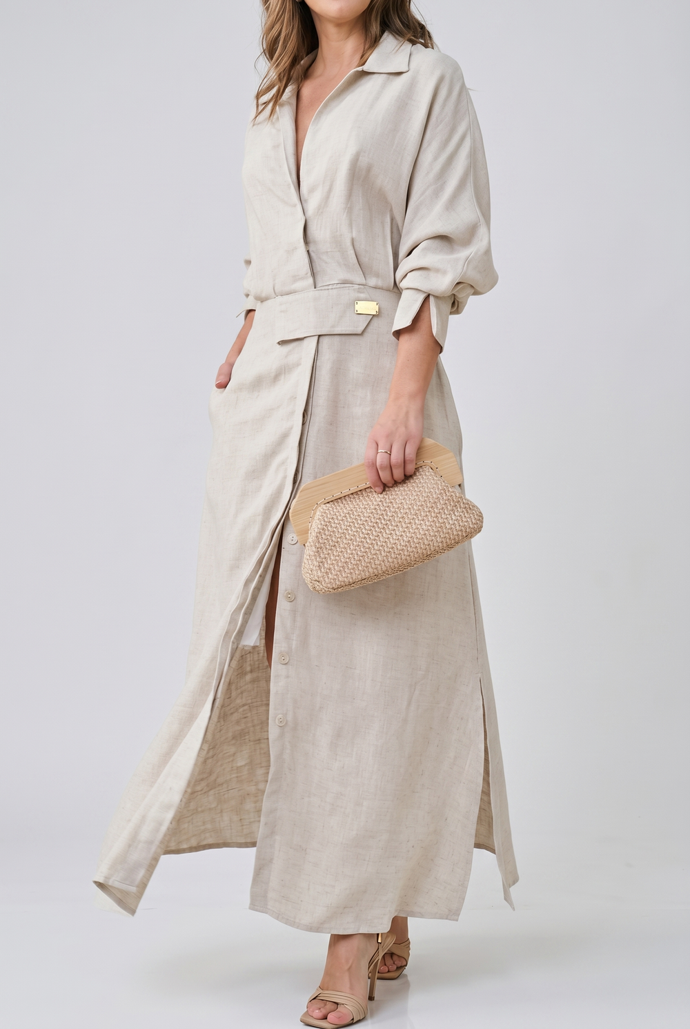 Elegant V Neck Pleated Maxi Dress with Flowing Dress