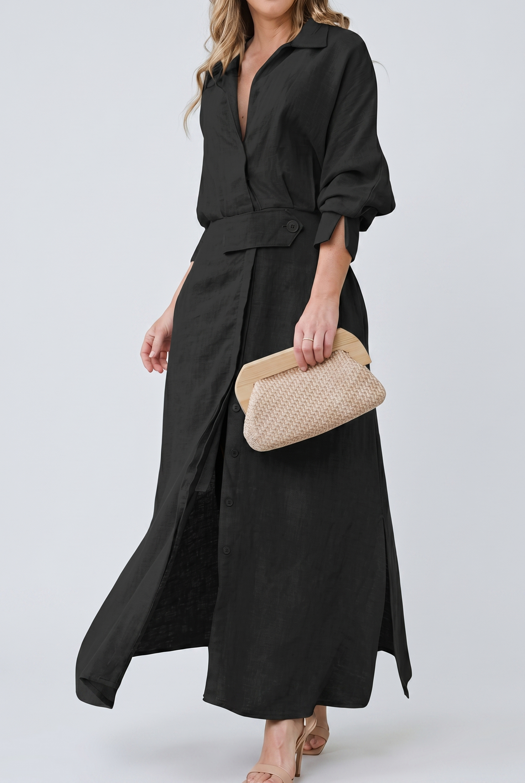 Elegant V Neck Pleated Maxi Dress with Flowing Dress